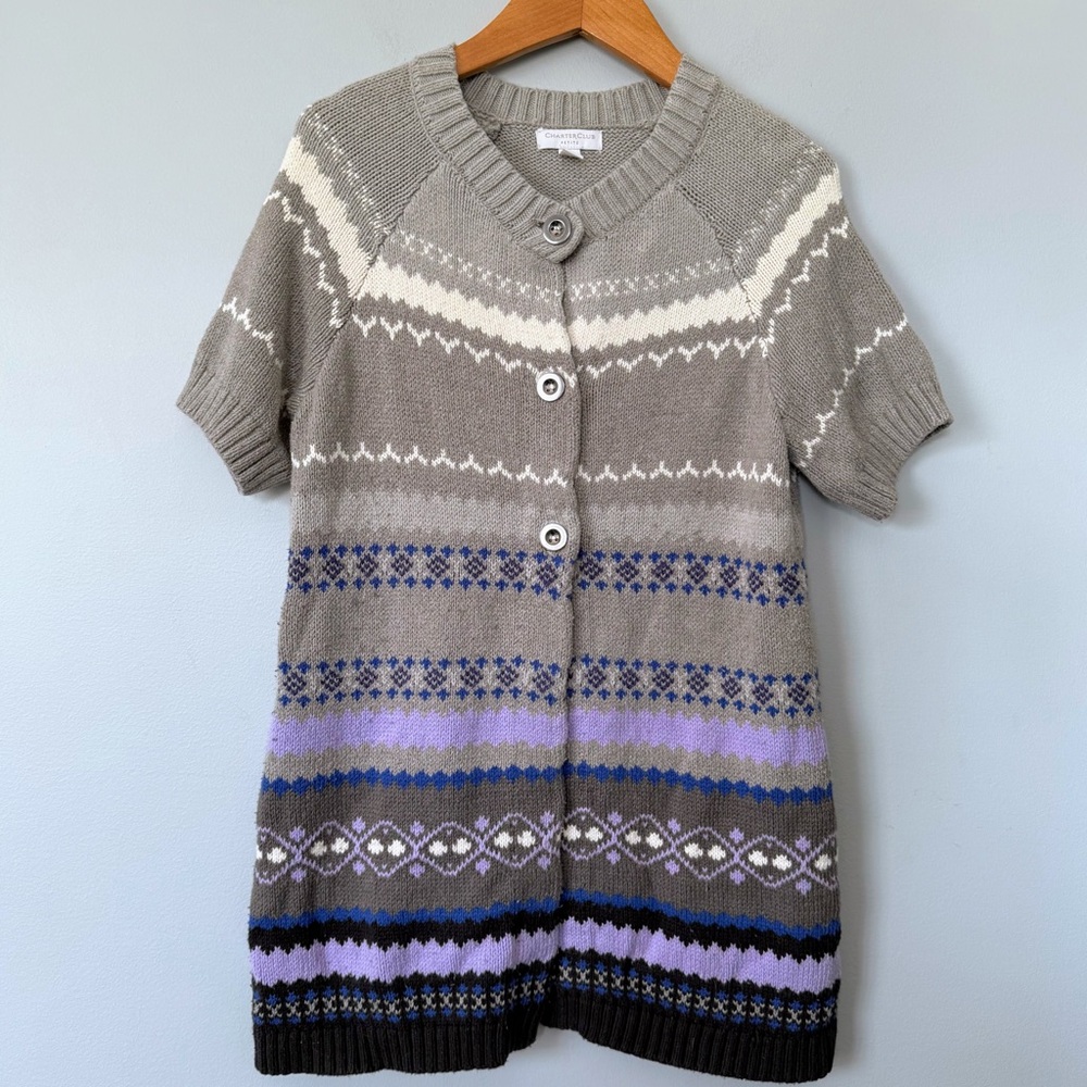 Charter Club Petite Fair Isle Short-Sleeve Sweater Cardigan P/S